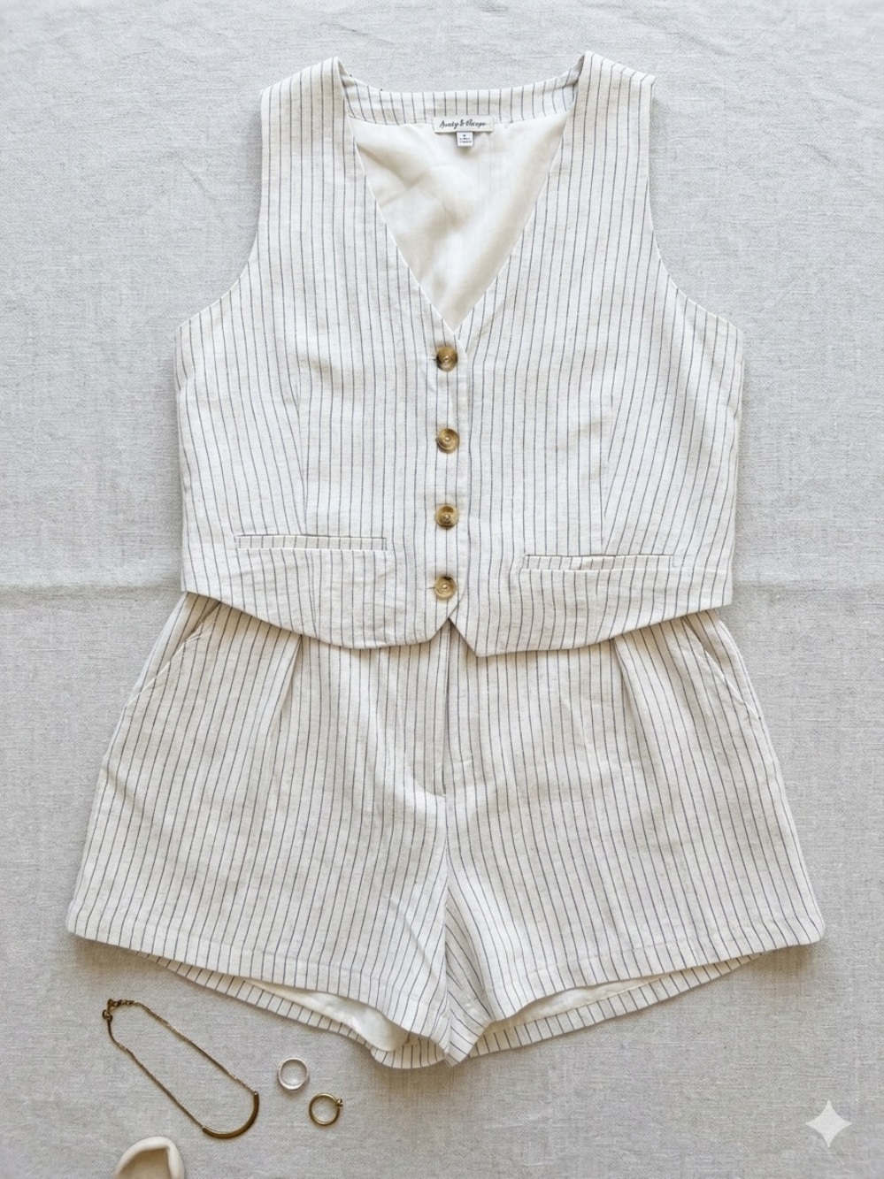Austen & Brown Linen-Blend Striped Vest & Shorts Set ~ Size Large